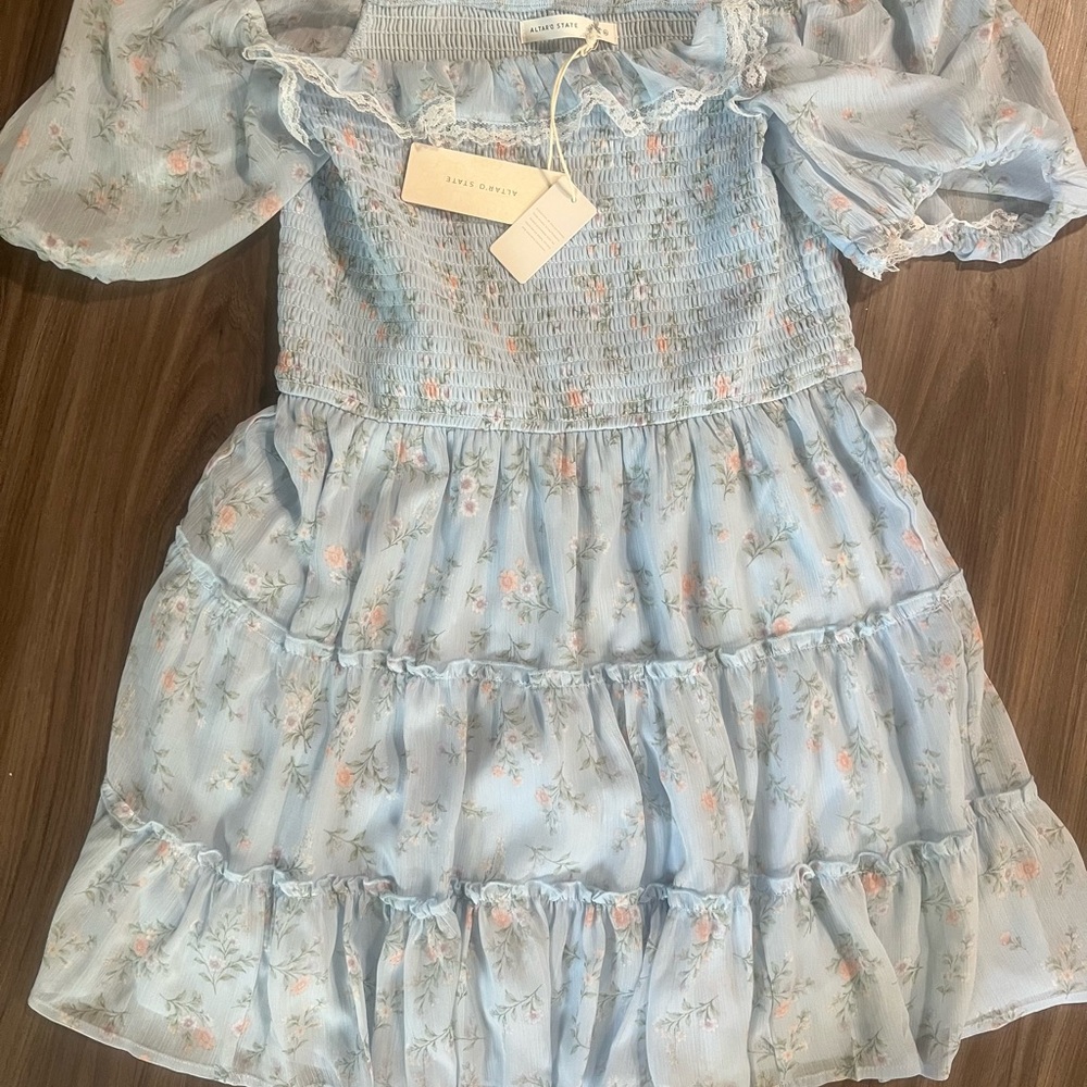 Altar'd State Light Blue Floral Off-Shoulder Smocked Tiered Dress